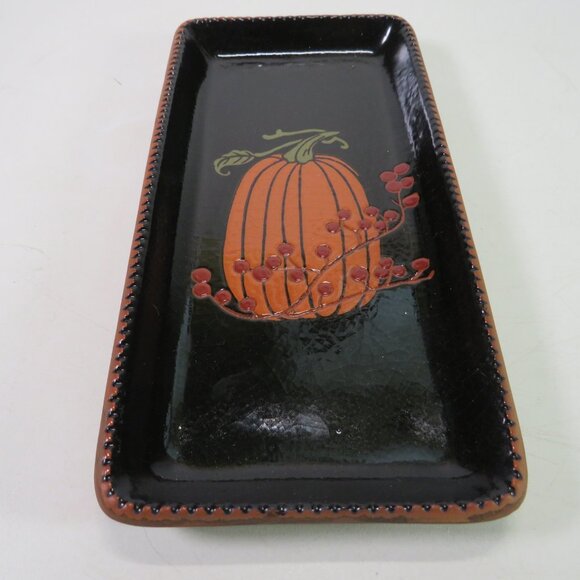 Tan Pumpkin & Embossed Tray Ceramic Fall Autumn Halloween Decor - Picture 2 of 10